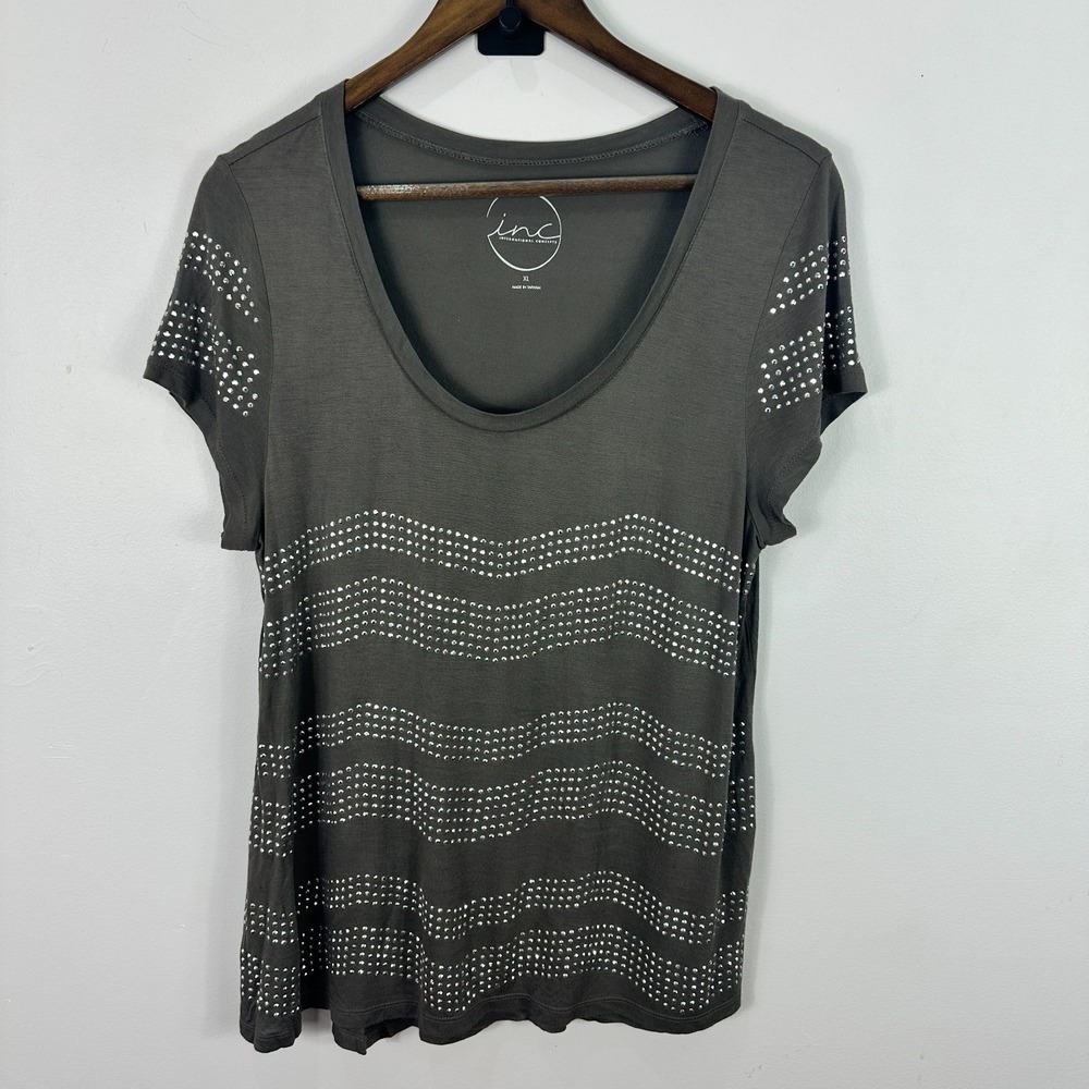 INC‎ Studded Top XL Gray Scoop Neck Tee Indie Sleaze Glam Rock Festival Y2K